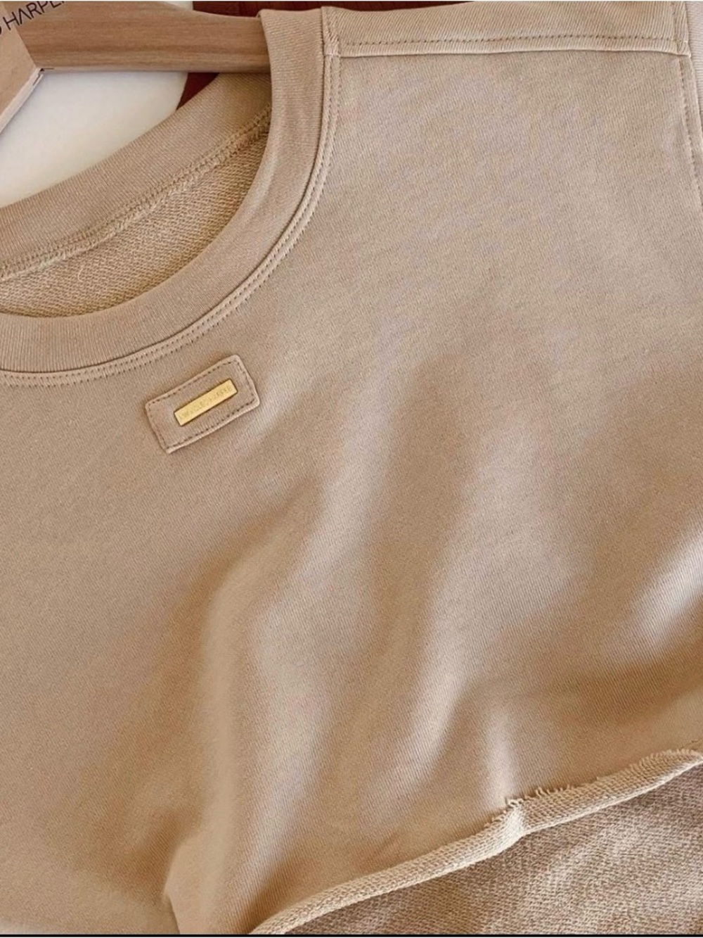 Cleo Harper Taupe Crewneck Sweatshirt with Gold Plaque
